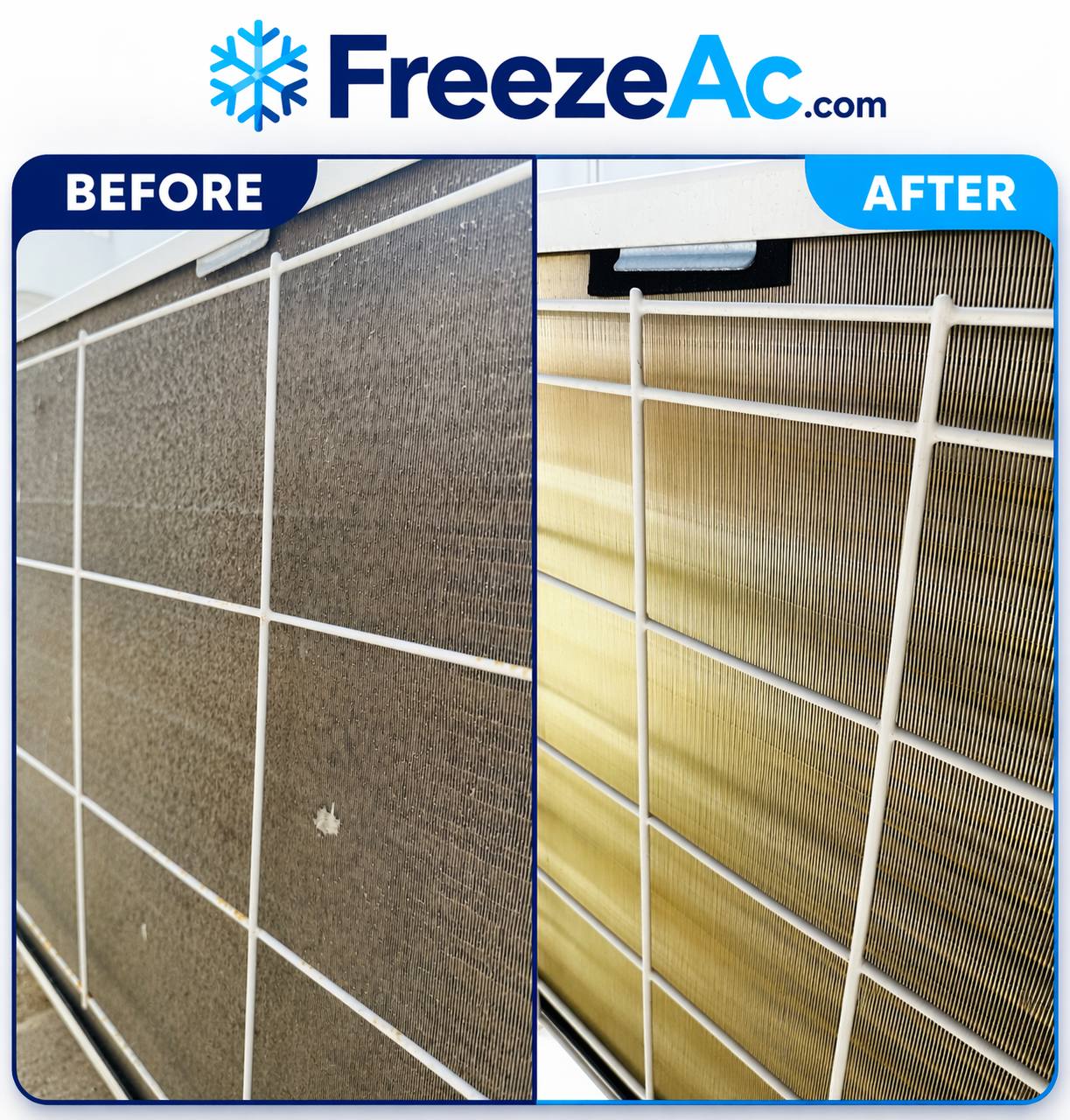 Before and after AC cleaning by FreezeAC — dirty coil vs clean coil